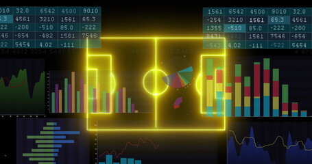 Poster - Image of neon stadium over data processing on black background