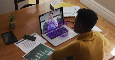 Poster - Image of 6g text banner over african american woman having a image call on laptop at home