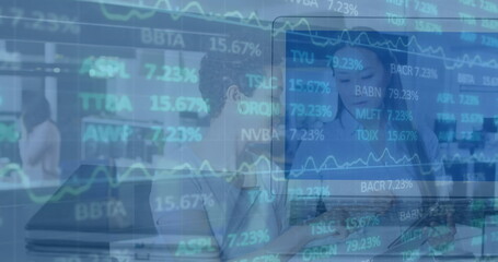 Poster - Image of stock market data processing against two diverse women discussing at office