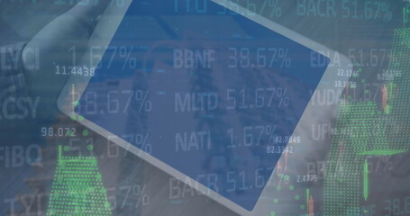 Poster - Image of stock market data processing against close up of a person holding digital tablet