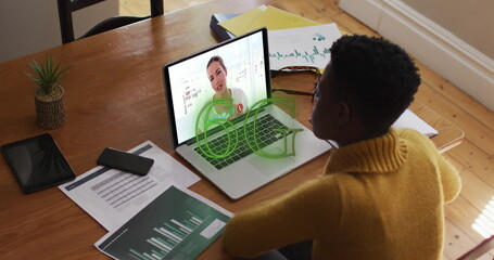 Poster - image of 6g text banner over african american woman having a image call on laptop at home