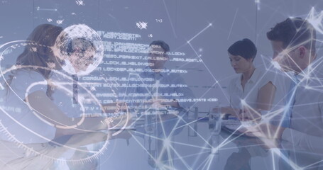 Poster - Image of infographic interface over caucasian manager discussing with coworkers in meeting