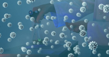 Poster - Image of virus cells over caucasian doctor in lab