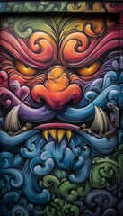 Poster - Vibrant and Intricate Street Art Featuring a Fearsome Face, Bold Colors, and Abstract Patterns, 2024