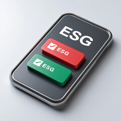 ESG strategy smartphone screen highlights sustainability goals with red and green buttons symbolizing positive and negative