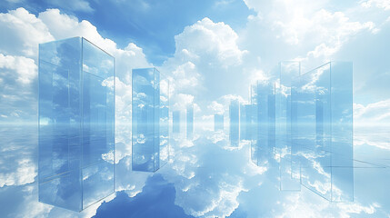 Poster - Modern glass structures reflecting in serene sky, creating dreamlike atmosphere