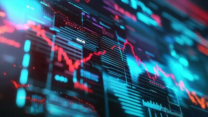 Poster - A vibrant digital display shows fluctuating stock market charts and financial data in neon colors.