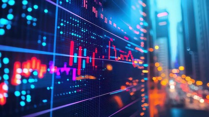 Poster - A digital stock market chart with colorful graphs is displayed against a cityscape background with bright lights.