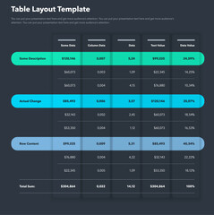 Aufkleber - Table layout template with three options and a total sum row - dark version. Simple flat template for project data visualization.