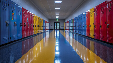 Poster - Polished school corridor with vibrant lockers and colorful floor reflecting light