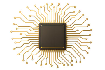 Poster - Central processing unit connecting with golden wires on a transparent background, ideal for technology and computing concepts