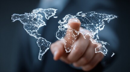 Poster - Digital World Connection: A fingertip hovers over a networked globe, symbolizing global connectivity and technology's impact on our interconnected world.