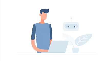 Poster - Illustration of a young man working on a laptop at a desk with a potted plant and a friendly robot assistant, showcasing modern technology and collaboration in a creative workspace