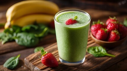 Wall Mural - Fresh Green Smoothie with Spinach, Bananas, and Strawberries
