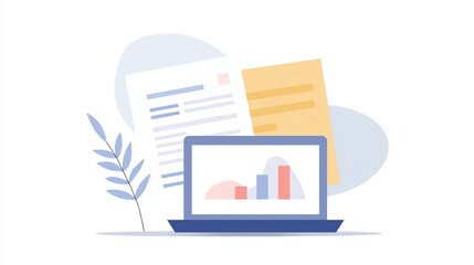 Fototapete - Laptop displaying colorful graphs and charts, surrounded by documents and a plant, representing data analysis and business strategy in a modern workspace environment