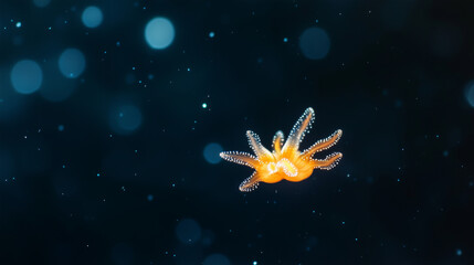 Wall Mural - Tiny Turritopsis dohrnii pulsing with light in the vast dark sea