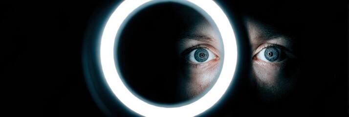 Poster - Glowing Ring Light Reflected in the Eye of a Photographer Creating a Striking Visual Contrast in a Minimalist Setting
