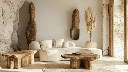 Organic modern living room with beige sofa, wooden coffee tables, and natural wall art