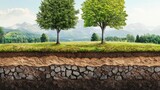 Green trees grow on a grassy hill, soil and rocks visible underneath. Perfect to show environment, gardening or even construction concepts.