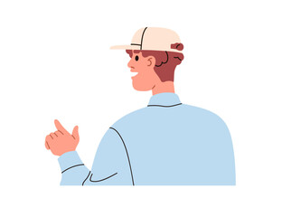 Poster - Man talking and pointing, showing with finger, back view. Smiling male character from behind, gesturing with hand, speaking, asking, explaining. Flat vector illustration isolated on white background