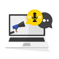 Poster - VOICE CHAT Messaggi di chat su illustrazione vettoriale online del computer, spazio di lavoro dei cartoni animati piatto o pc portatile da tavolo di lavoro con notifiche di bolle di chat
