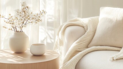 Poster - Cozy vase, living room with white sofa, knitted blanket, wooden furniture and white flowers in a scandinavian illuminated by sunlight