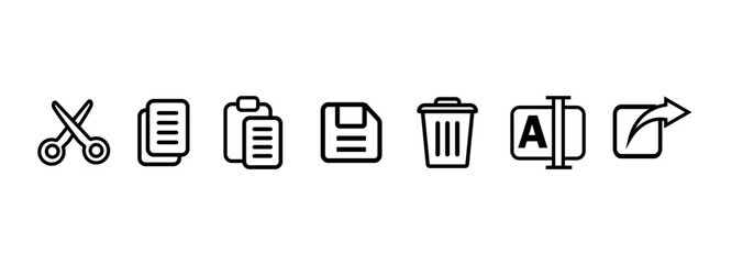 Poster - cut, copy, paste, save, delete, rename, share icon set png and vector illustration on transparent background