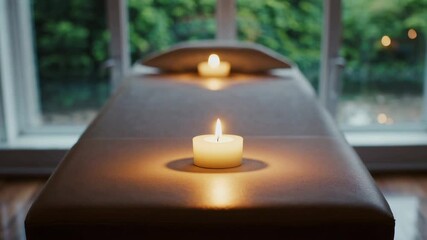 Poster - Warm candlelight creates a relaxing atmosphere on a massage table in a spa, enhancing the wellness experience with soft illumination and a peaceful ambiance near a window with a green view