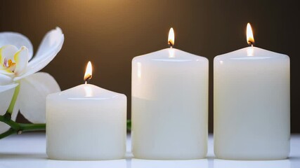 Poster - Lit white candles of different sizes and a white orchid flower create a relaxing and peaceful atmosphere, ideal for meditation or spa treatments