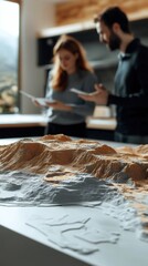 Fototapete - Two geologists are analyzing a detailed 3d model of a mountain range, likely assessing potential earthquake risks and geological stability based on the terrain's characteristics