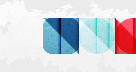 Poster - Abstract graphic design features layered rectangles forming UNO text. Colors include blue, red, turquoise against textured white background. Simple, modern aesthetic.