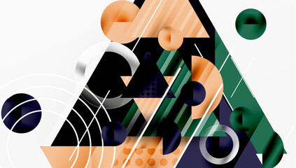 Aufkleber - Abstract geometric composition. Shapes overlap, creating dynamic visual interest. Colors include orange, green, navy, silver. Modern design elements present.
