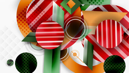 Poster - Abstract composition featuring vibrant circles, stripes, rectangles. Geometric shapes overlap creating dynamic visual effect. Modern design elements present.