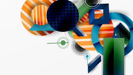 Aufkleber - Abstract geometric shapes overlap, creating dynamic composition. Orange, blue, green hues dominate design. Minimalist style.