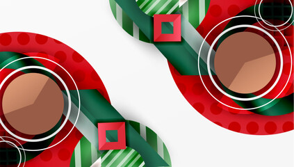 Poster - Abstract design features circles, squares, stripes. Red, green hues dominate white background. Modern, geometric composition.