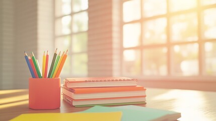 Aufkleber - Colorful pencils in a container sit next to a stack of notebooks and sticky notes on a desk, illuminated by sunlight streaming through a nearby window, creating a back to school atmosphere
