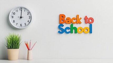 Aufkleber - Colorful back to school letters hanging on a white wall, a clock showing the time, a small plant, and some colored pencils on a white table create a back to school atmosphere