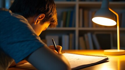 Poster - Concentrated boy writing on notebook at his desk in his room at night, illuminated by the warm light of a modern design desk lamp, with a bookcase full of books in the background
