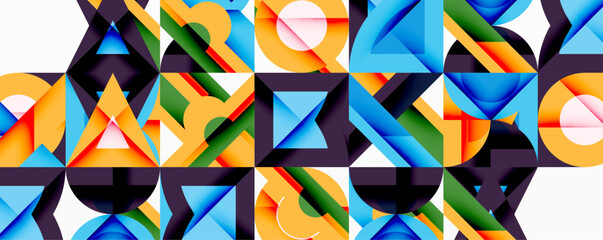 Aufkleber - Abstract geometric pattern. Colorful triangles, squares, circles overlap creating dynamic visual texture. Modern design elements present.