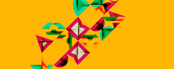 Aufkleber - Abstract geometric shapes overlap, creating vibrant composition. Yellow background emphasizes colorful forms, dynamic design.