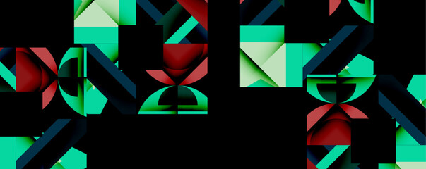 Poster - Abstract geometric shapes, teal, crimson hues dominate. Complex patterns create dynamic visual experience. Minimalist design, modern aesthetic.