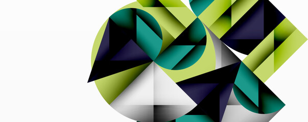 Poster - Abstract geometric shapes, green hues dominate. Triangles interlock, creating dynamic composition. Minimalist design, modern aesthetic.