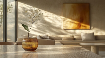 Poster - serene interior featuring minimalist design with warm wood table, decorative vase, and soft