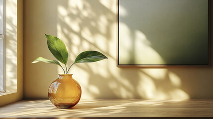Poster - serene interior scene featuring glass vase with green leaves, warm wood elements, and soft