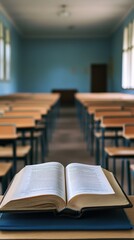 Poster - Open book is lying on a desk in the foreground of an empty classroom, evoking the concept of back to school and the importance of education
