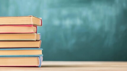 Aufkleber - Colorful books stacked on a wooden desk in front of a blurry chalkboard symbolize learning and education, embodying themes of back to school and academic growth