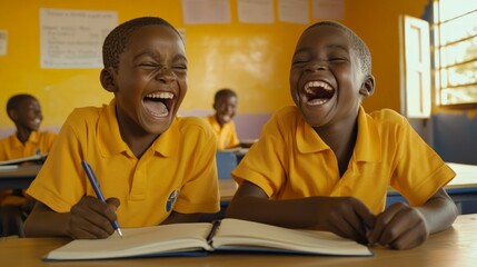 Aufkleber - Two cheerful african primary school students wearing yellow polo shirts are sitting at a desk and laughing out loud during class, sharing a moment of joy and amusement