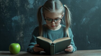 Poster - Cute young student wearing eyeglasses reading a book at school with an apple sitting on a desk in front of a dark chalkboard background, back to school concept