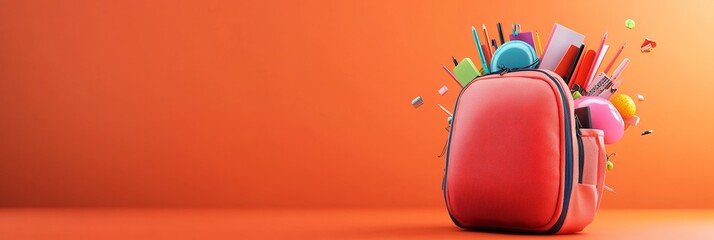 Poster - Vibrant red backpack overflows with colorful school supplies, including pens, pencils, notebooks, and other essentials, against a cheerful orange backdrop, creating a dynamic back to school scene