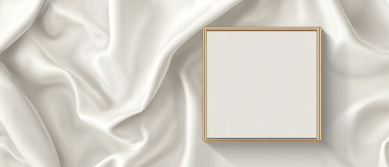 Poster - Golden framed blank canvas on draped white satin fabric creating elegant and luxurious presentation